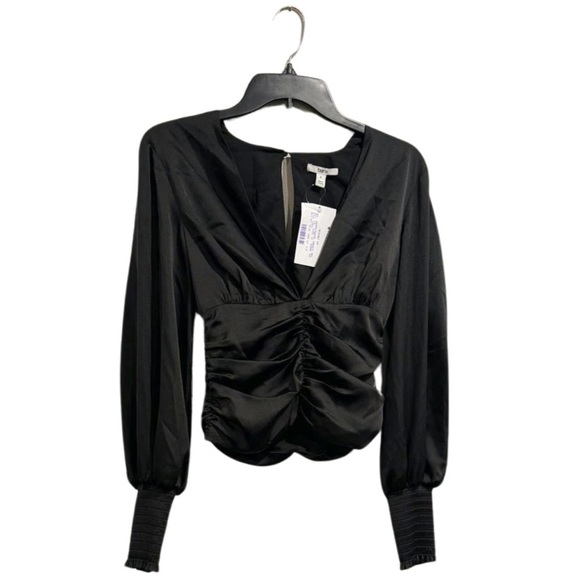 BAR III V-Neck Ruched Blouse size 0 Cupid Button Closure Long Sleeve black - Picture 14 of 15